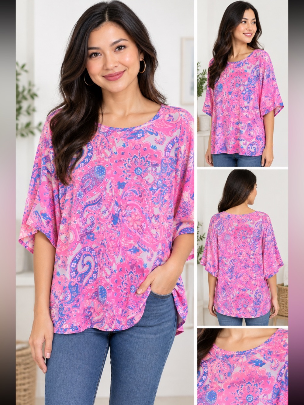 Dear Scarlett Women' Pink Paisley Print Tunic Top Wrinkle Free XL